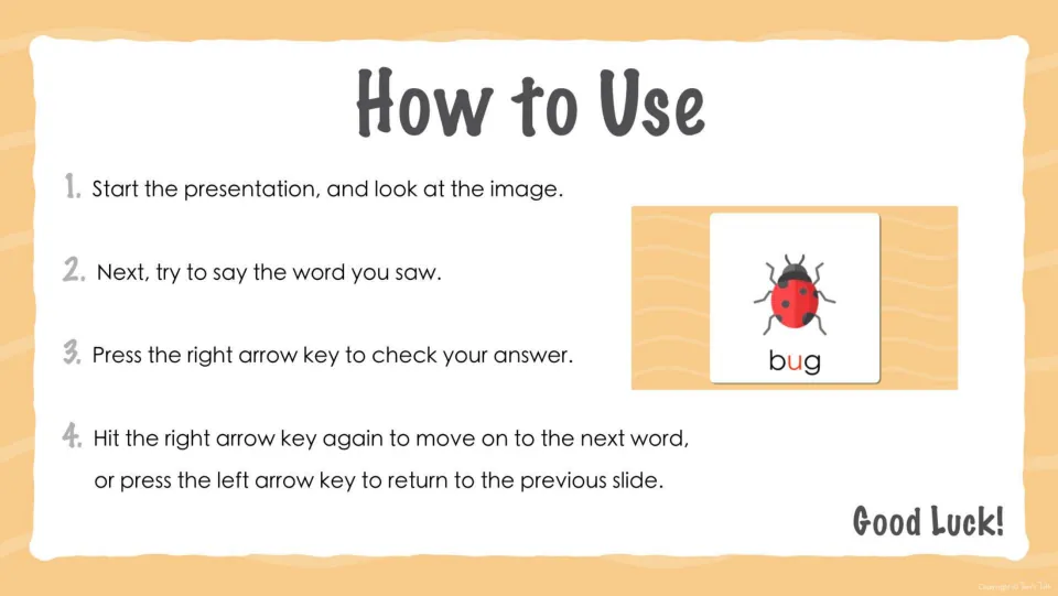 Digital flashcard instructions: name the picture, press the right arrow to check, and use arrows to navigate