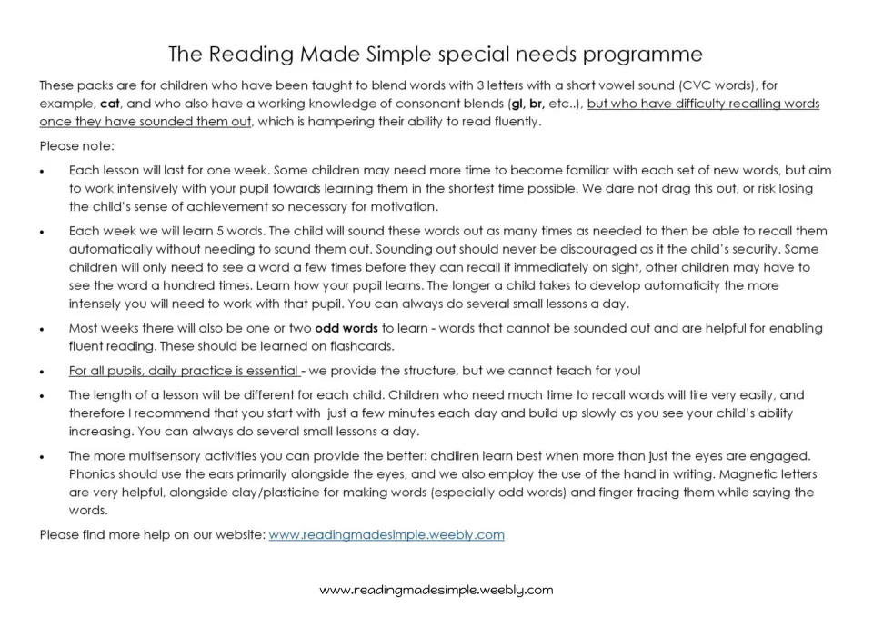 Reading Made Simple programme overview: notes on weekly 5-word lessons, odd words, daily practice and multisensory work