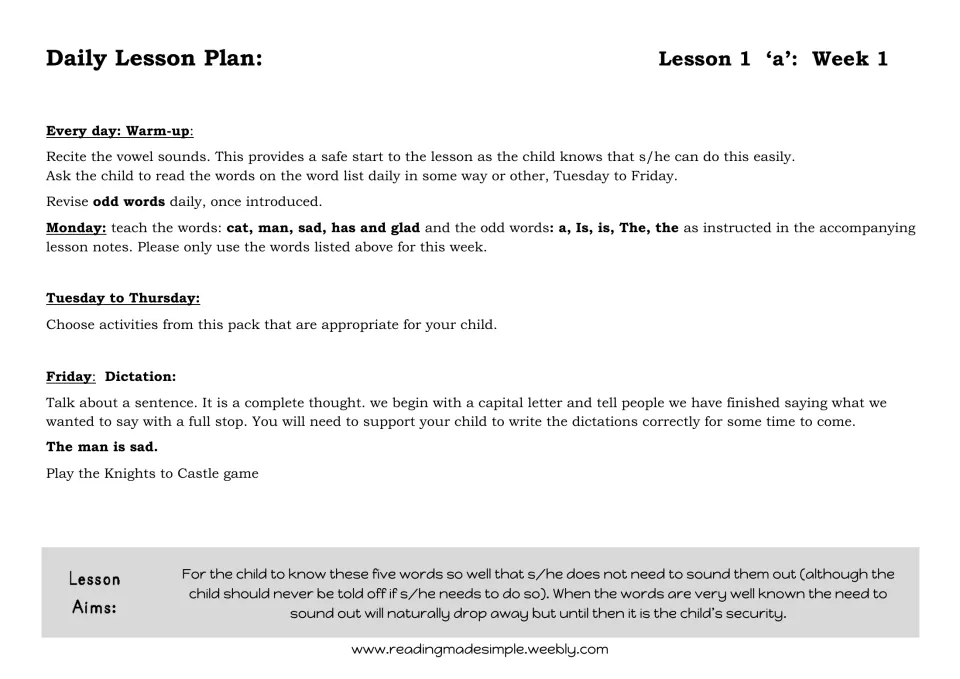 Lesson 1 'a' Week 1 plan: warm-up, Monday words cat, man, sad, has, glad, odd words, Friday dictation 'The man is sad.'
