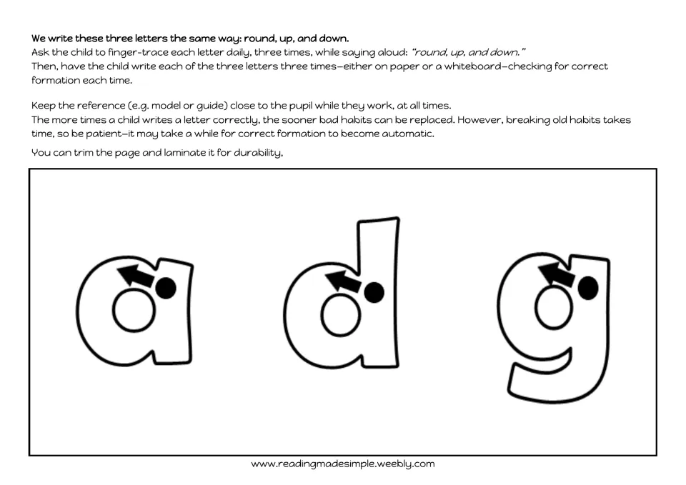 Letter formation for a, d and g: child finger-traces each letter saying 'round, up, and down', then writes it 3 times