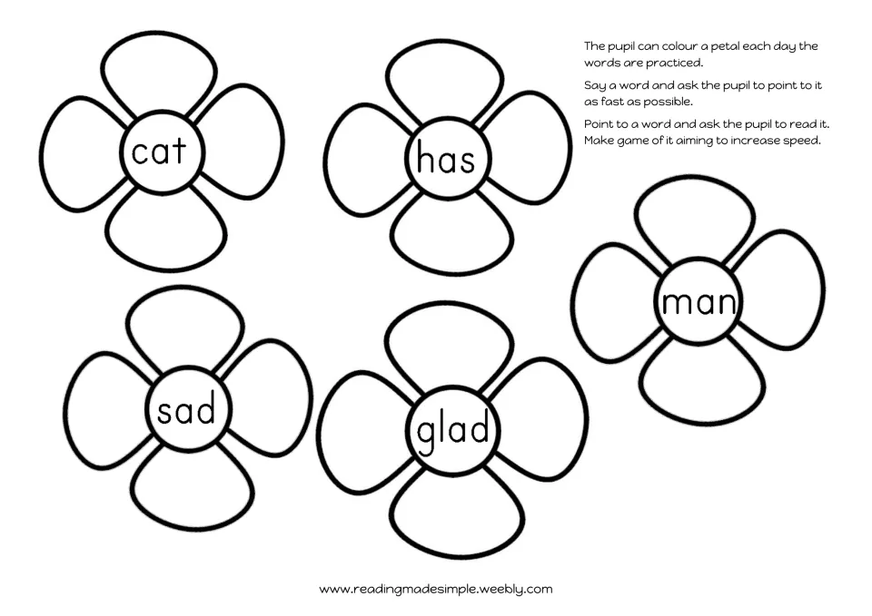 Word flowers for cat, has, man, sad and glad: pupil reads or points to each word fast, colouring a petal per day
