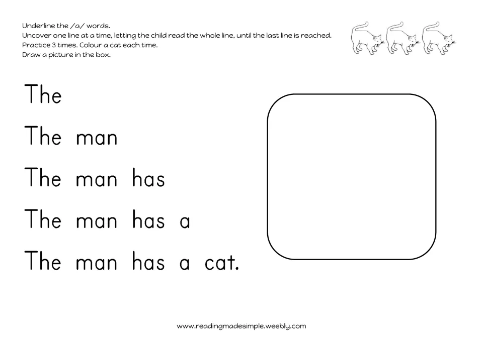 Cumulative sentence reading: lines build from 'The' to 'The man has a cat.'; child underlines /a/ words, draws the scene