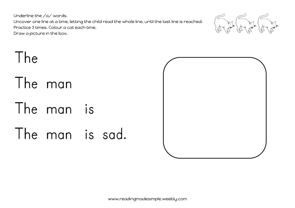 Build-up reading from 'The' to 'The man is sad.': child uncovers each line, underlines /a/ words and draws a picture