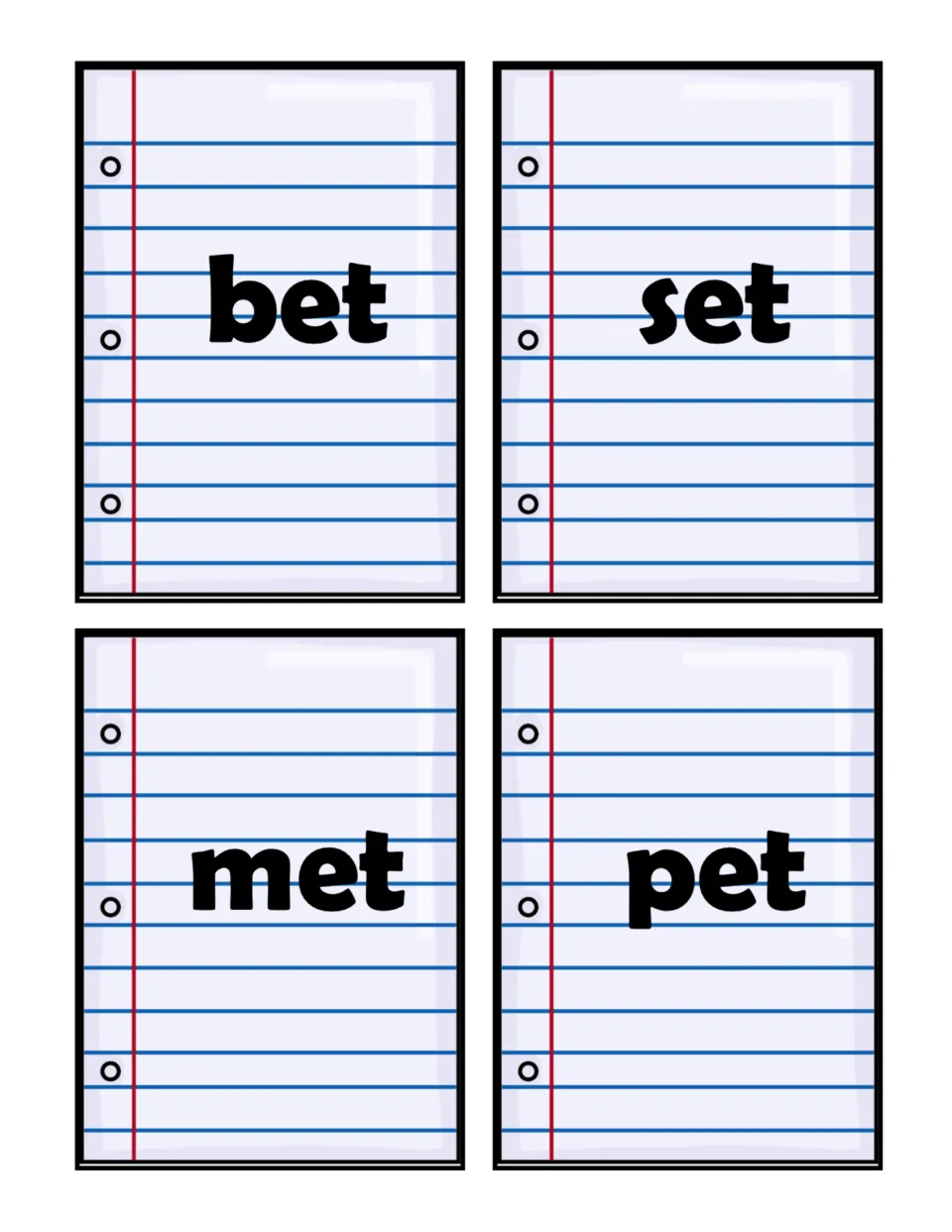 Short e -et word cards: bet, set, met and pet for students to cut apart and sort into the -et word family group
