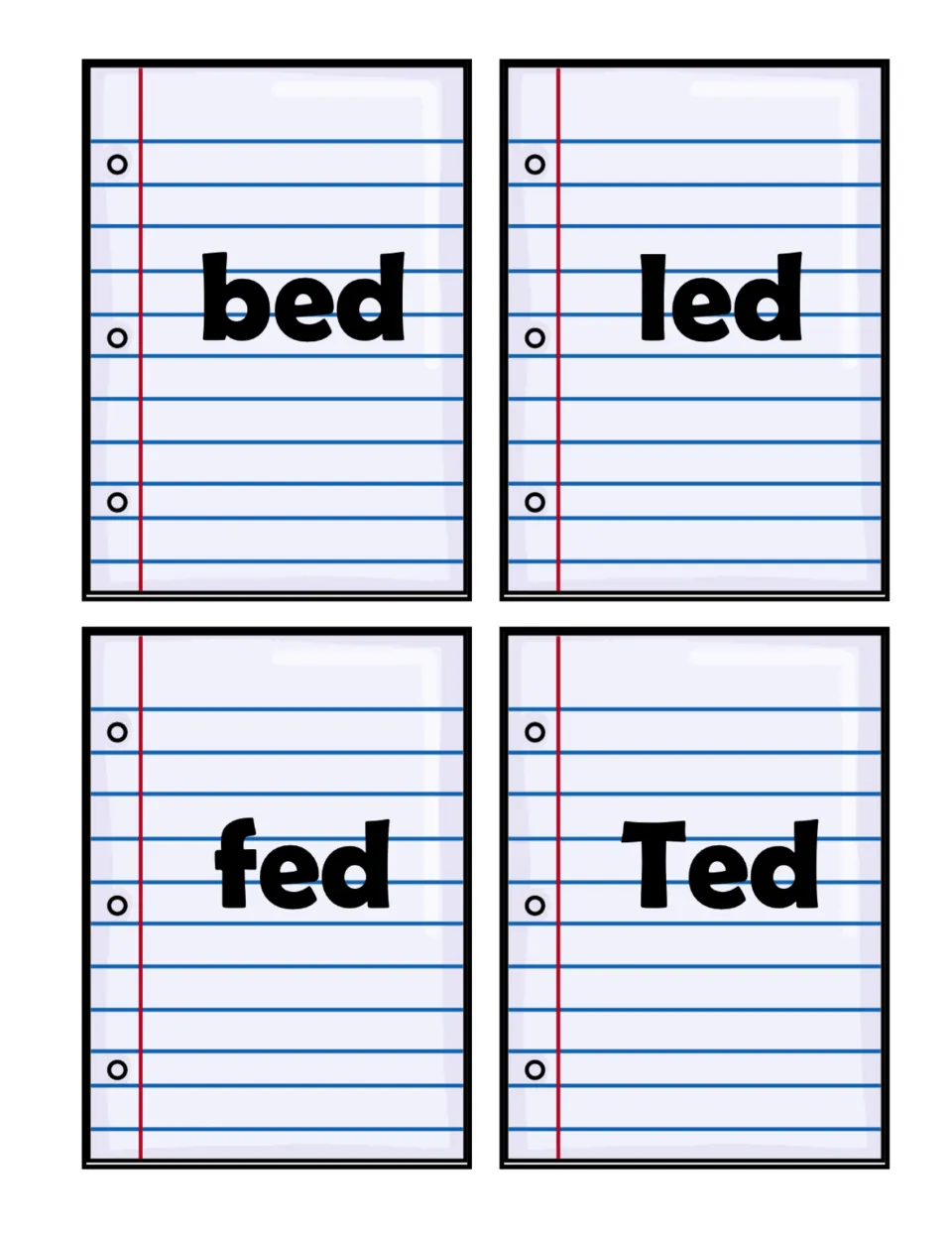 Short e -ed word cards showing bed, led, fed and Ted, to be cut out and matched to the -ed pencil heading card