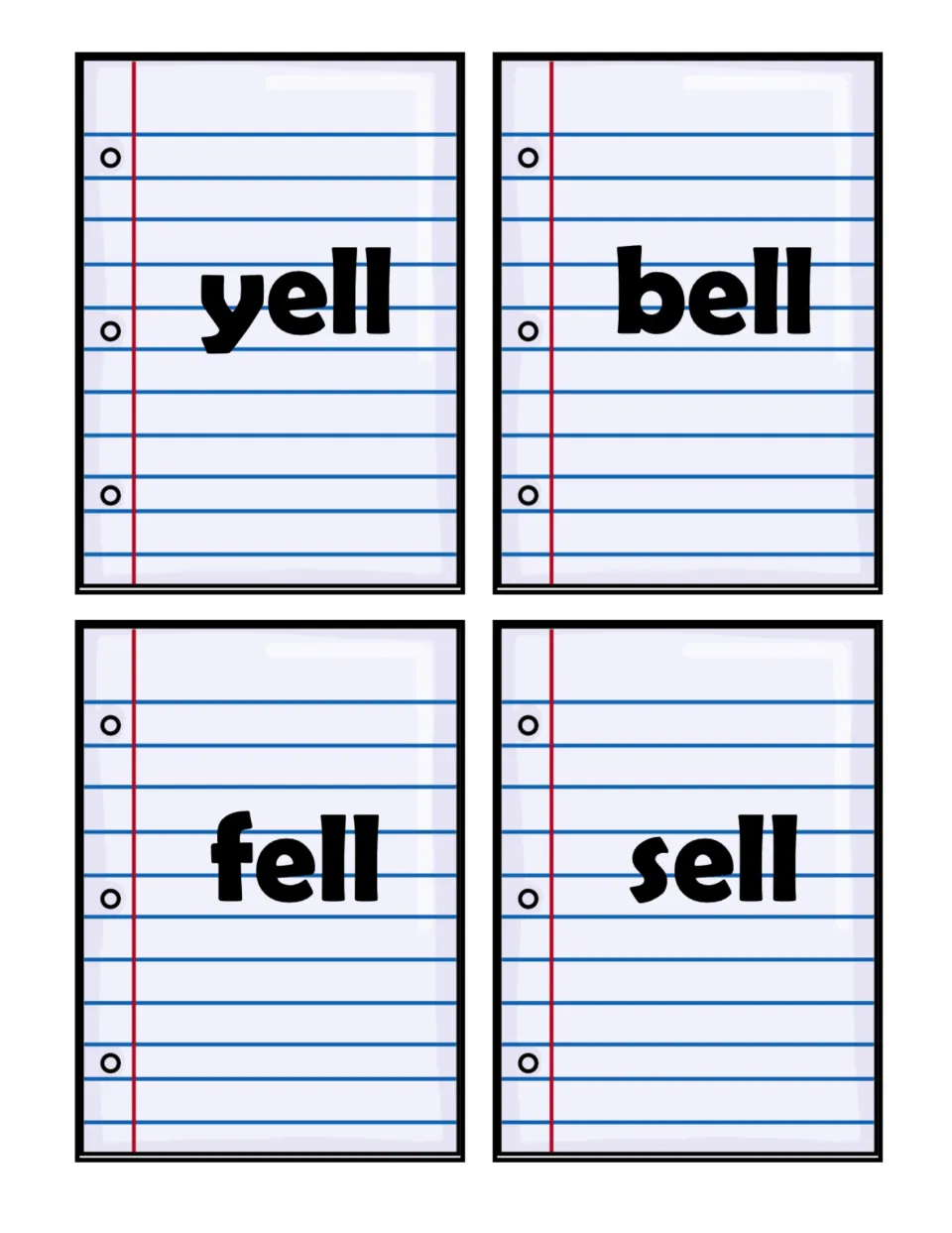 Short e -ell word cards: yell, bell, fell and sell, ready to cut apart and place under the -ell word family heading