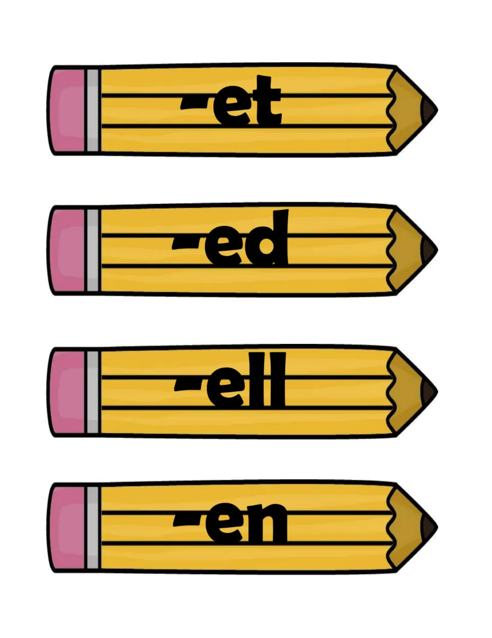 Pencil heading cards for the short e sort labeled -et, -ed, -ell and -en, used as category headers for the word cards