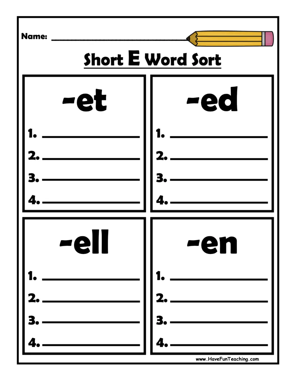 Short E Word Sort recording sheet: students write four words each under -et, -ed, -ell and -en after sorting the cards