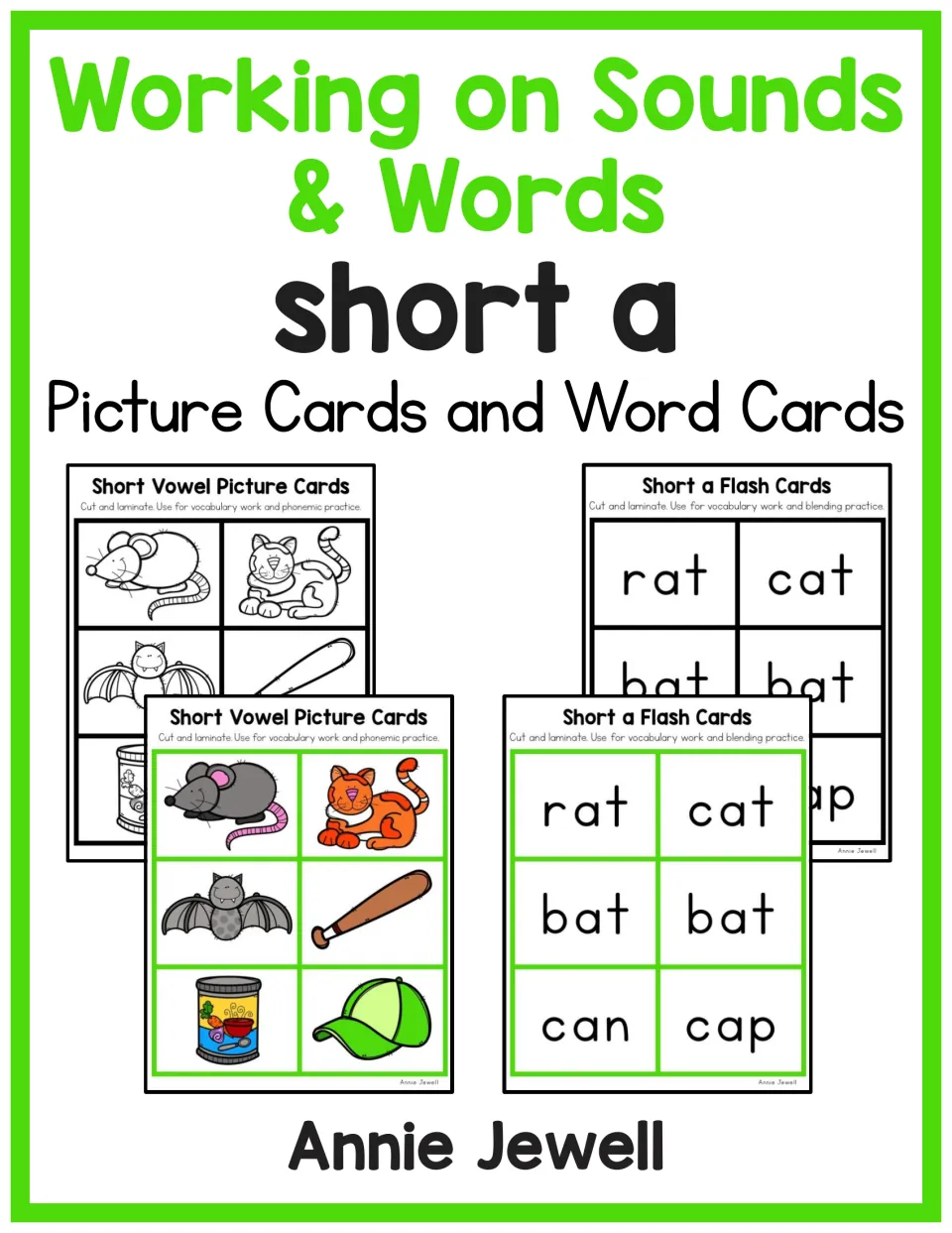 Working on Sounds & Words: short a cover showing sample picture cards and word cards for rat, cat, bat, can and cap