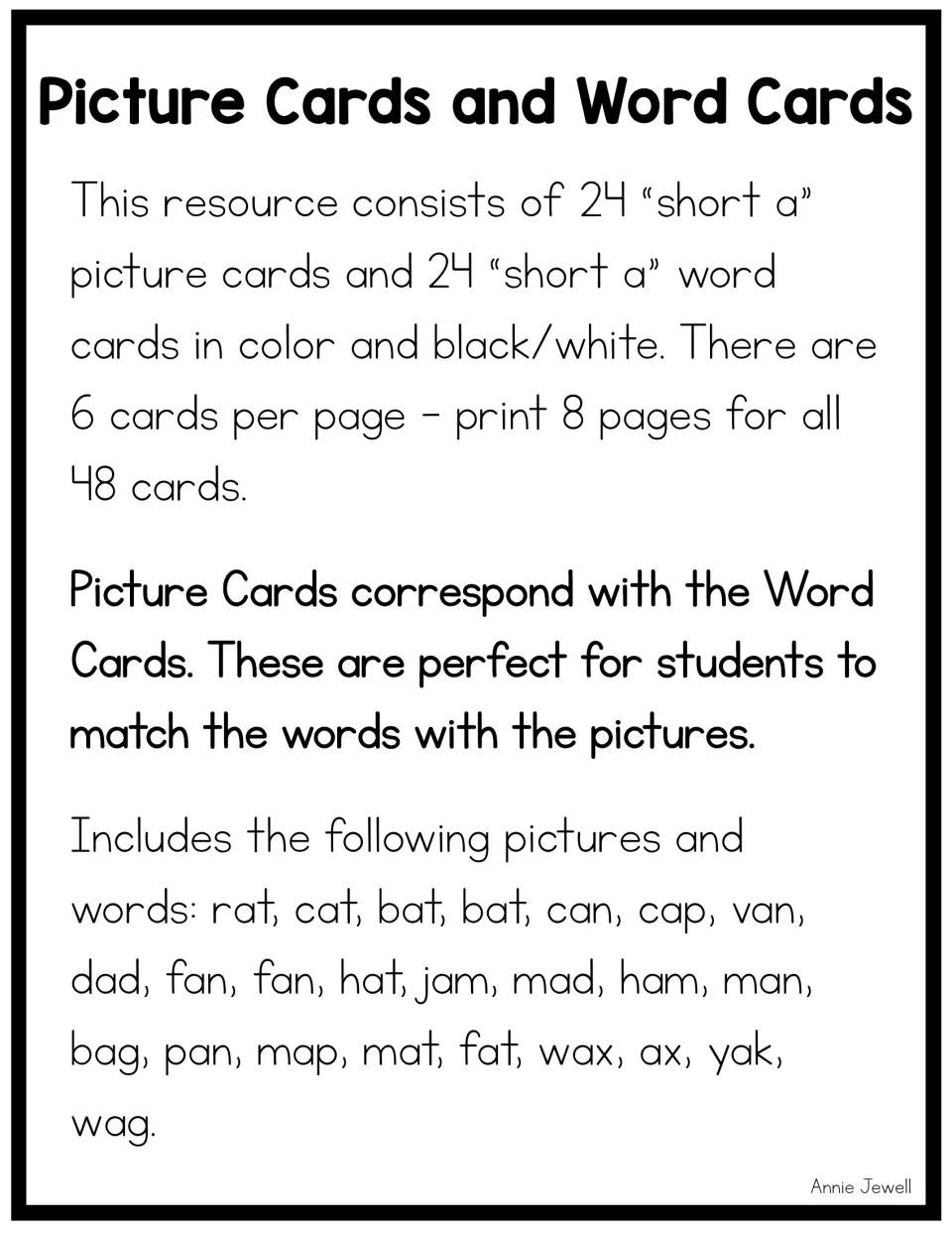 Overview of 24 short a picture cards and 24 matching word cards, listing every word from rat and cat to yak and wag