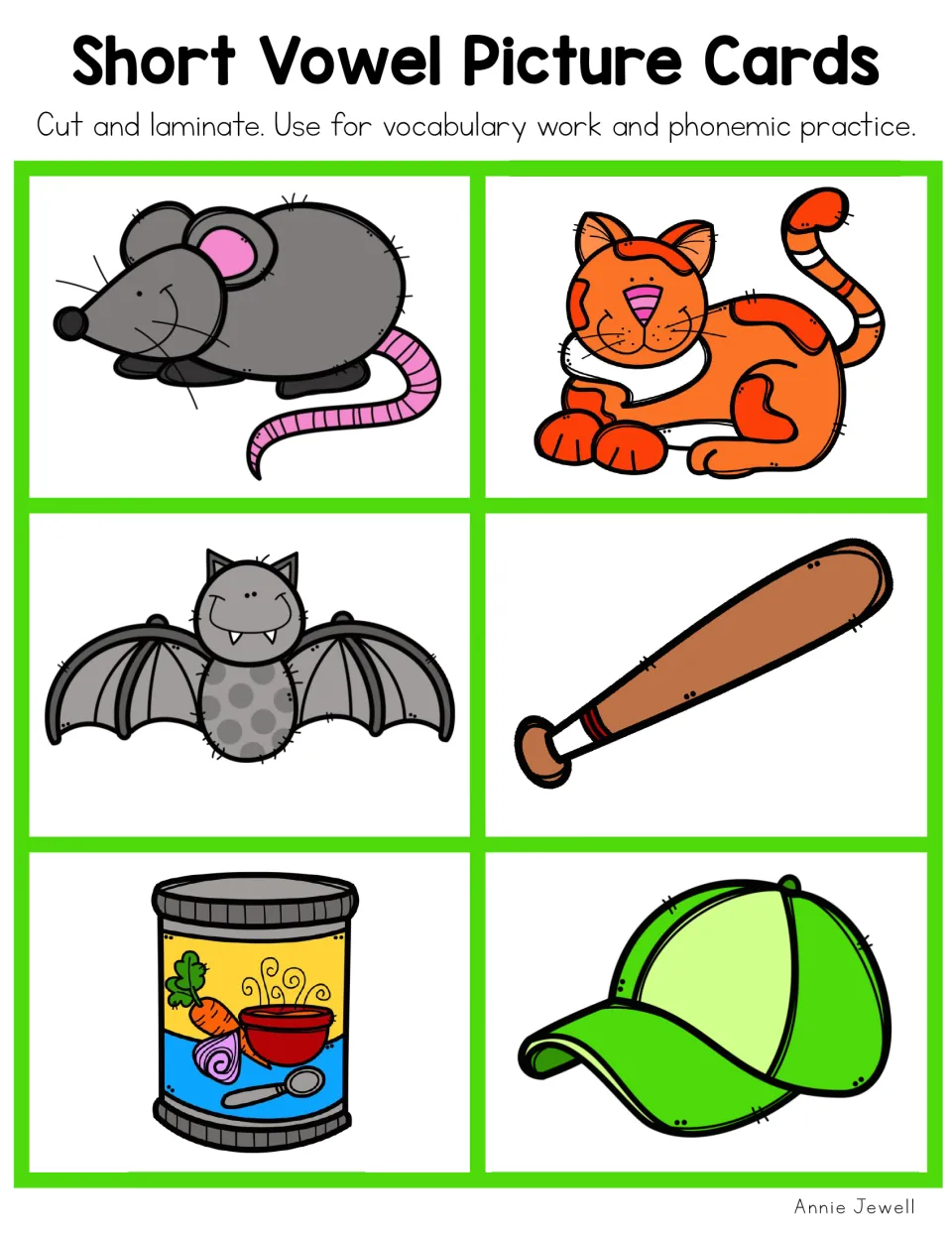 Short vowel picture cards for matching and phonemic practice: rat, cat, bat, baseball bat, can of soup and cap