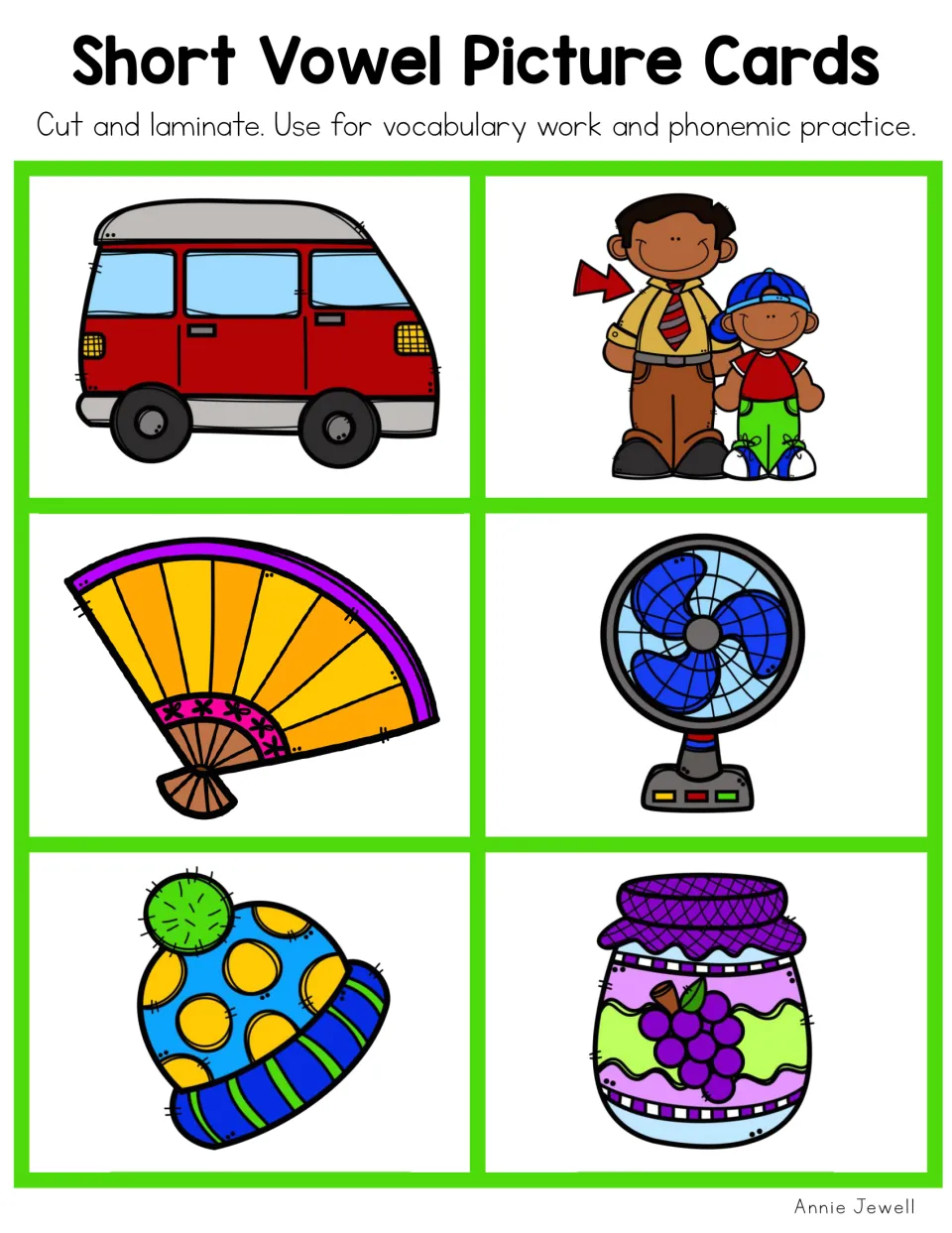 Short vowel picture cards to cut and laminate: van, dad with son, hand fan, electric fan, knit hat and jam jar