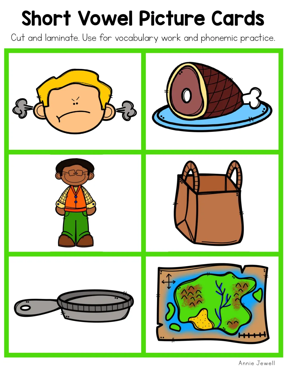 Short a picture cards showing mad face, ham, man, bag, pan and map for naming and hearing the short a sound