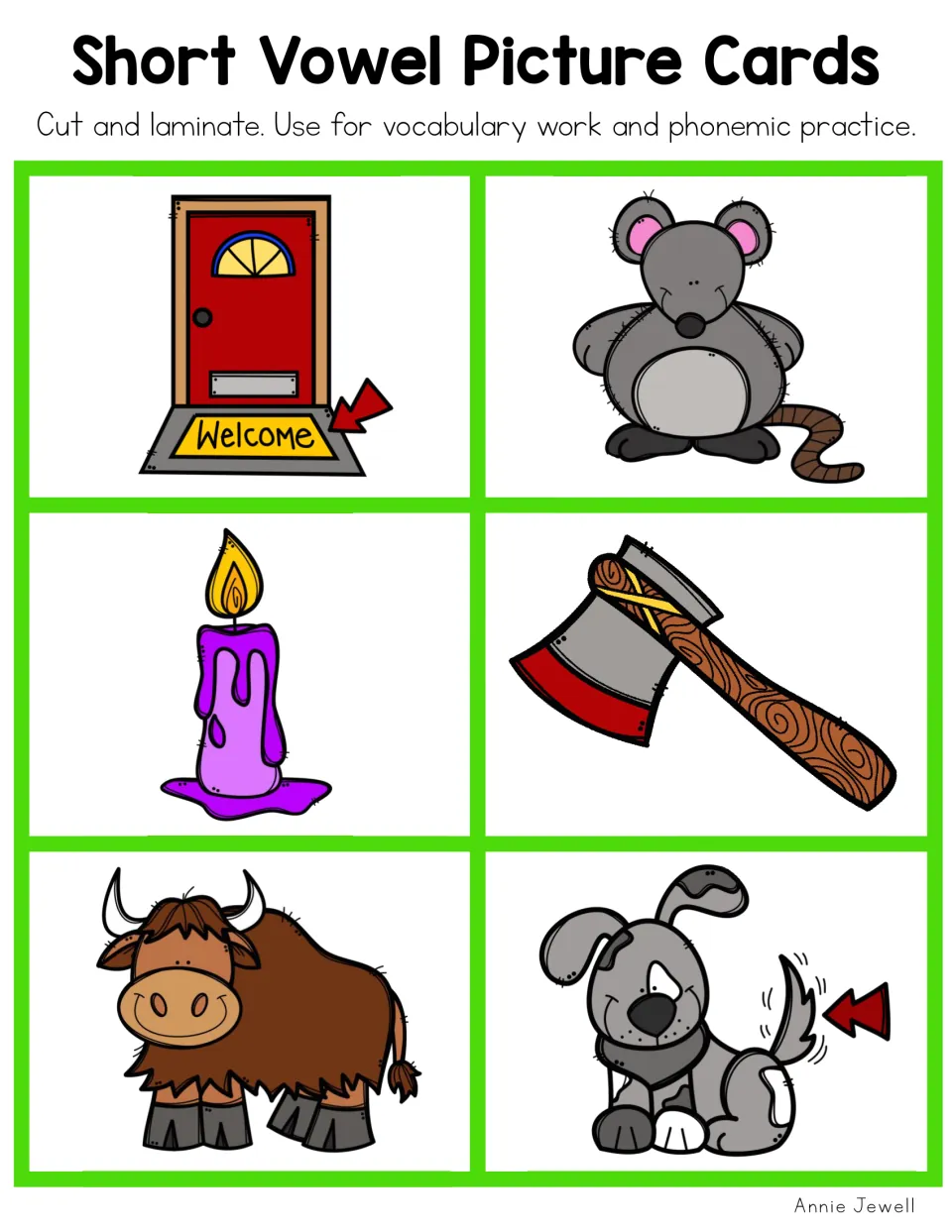Short a picture cards: welcome mat, fat mouse, candle wax, ax, yak and wagging dog tail, with arrows for mat and wag