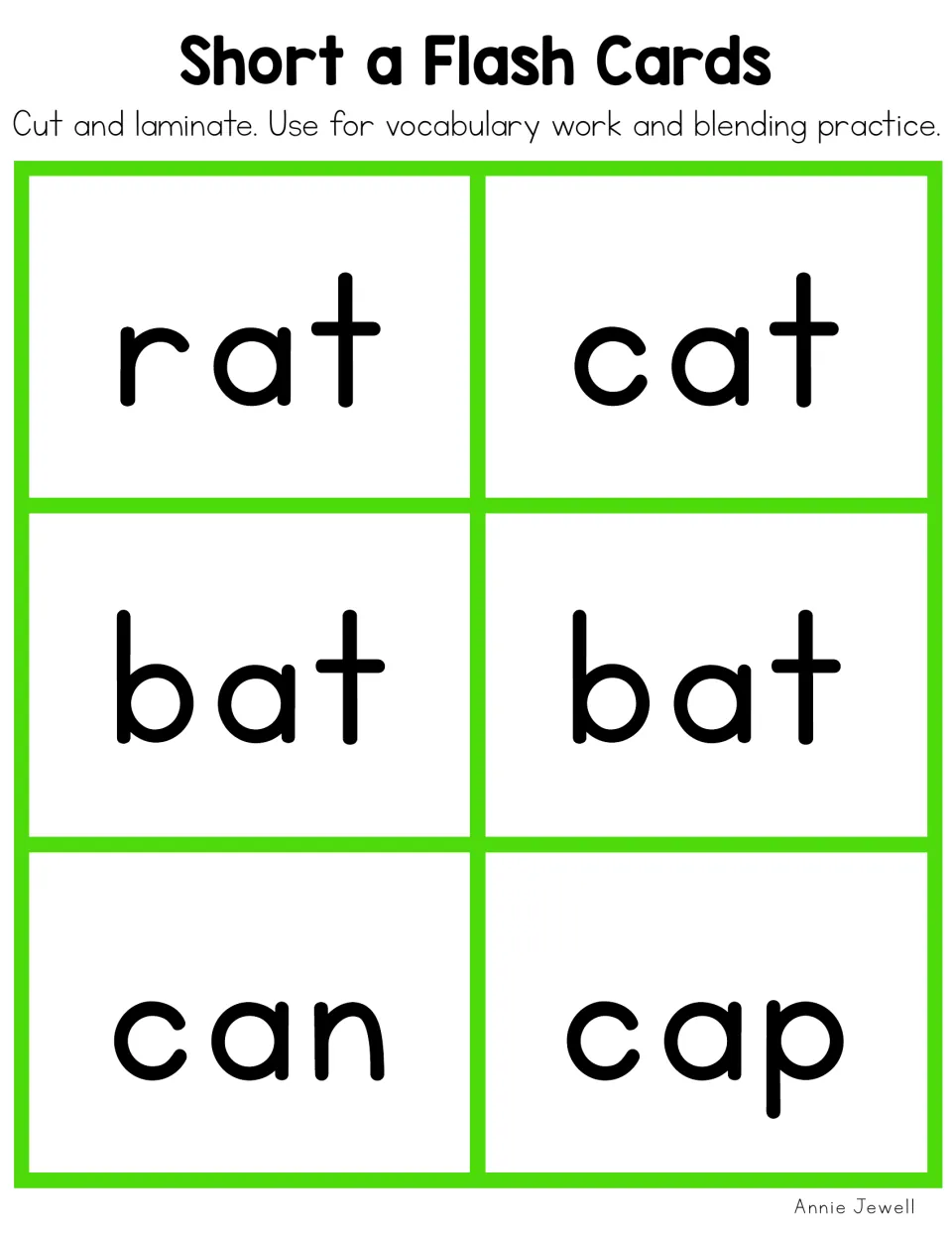 Short a word flash cards for blending practice: rat, cat, bat, bat, can and cap printed large to cut and laminate