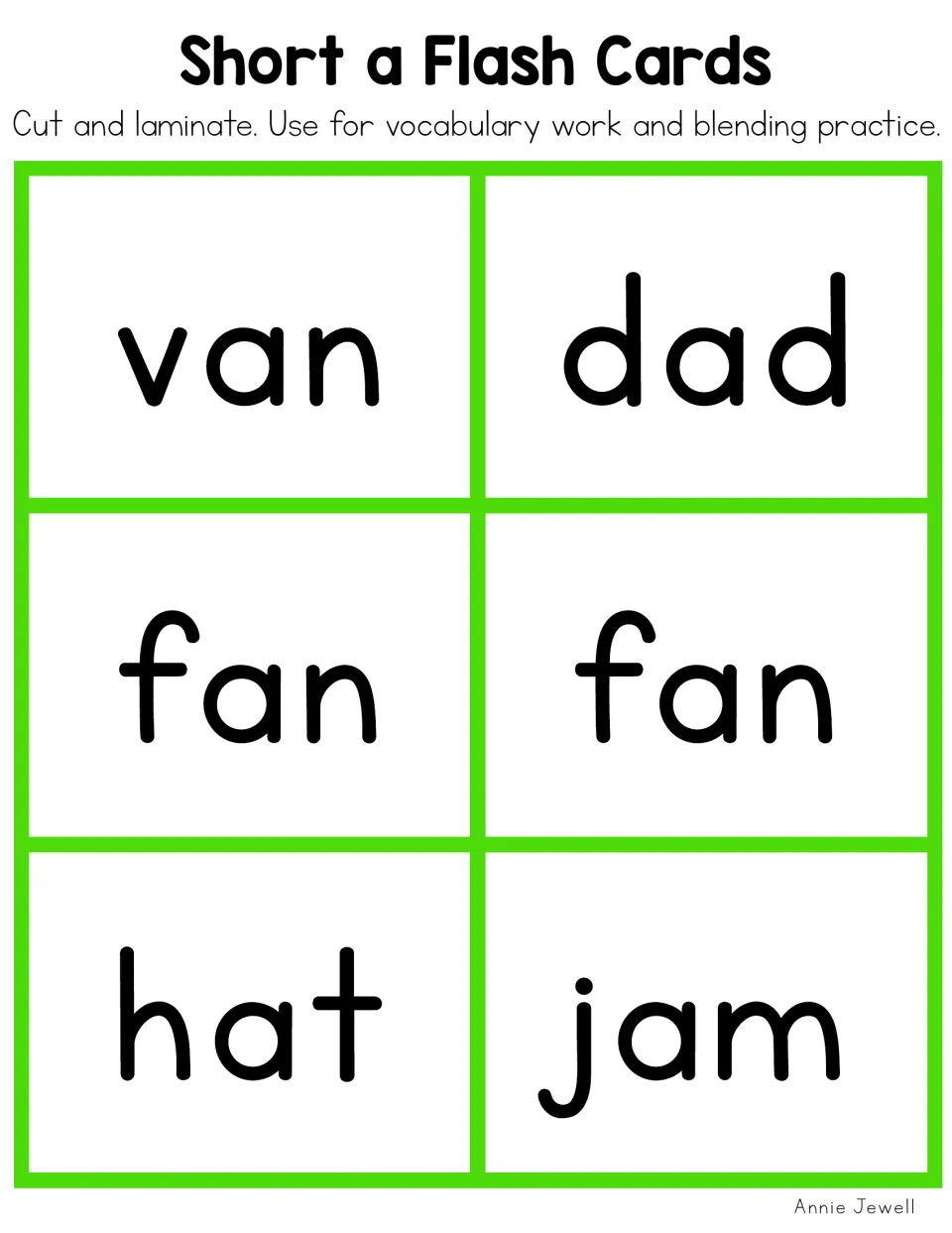 Short a flash cards with the words van, dad, fan, fan, hat and jam for blending sounds and reading CVC words