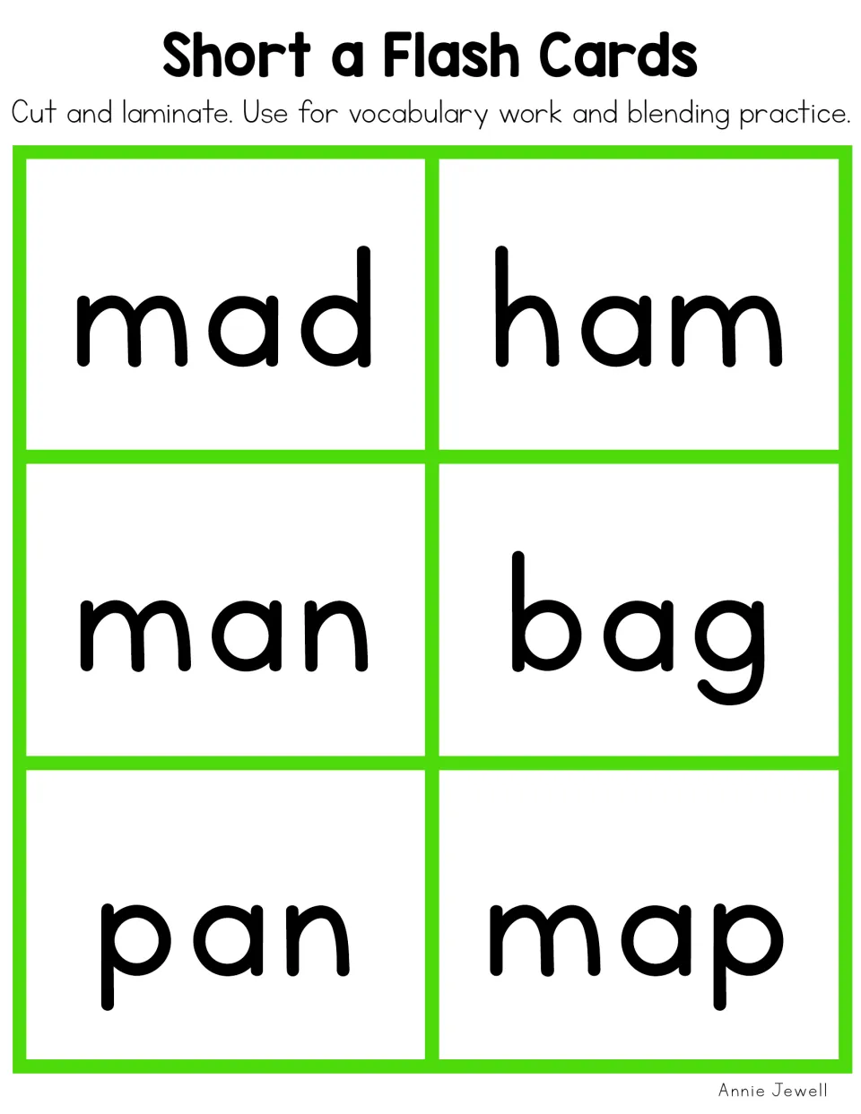 Word cards for decoding short a CVC words mad, ham, man, bag, pan and map to pair with the matching pictures