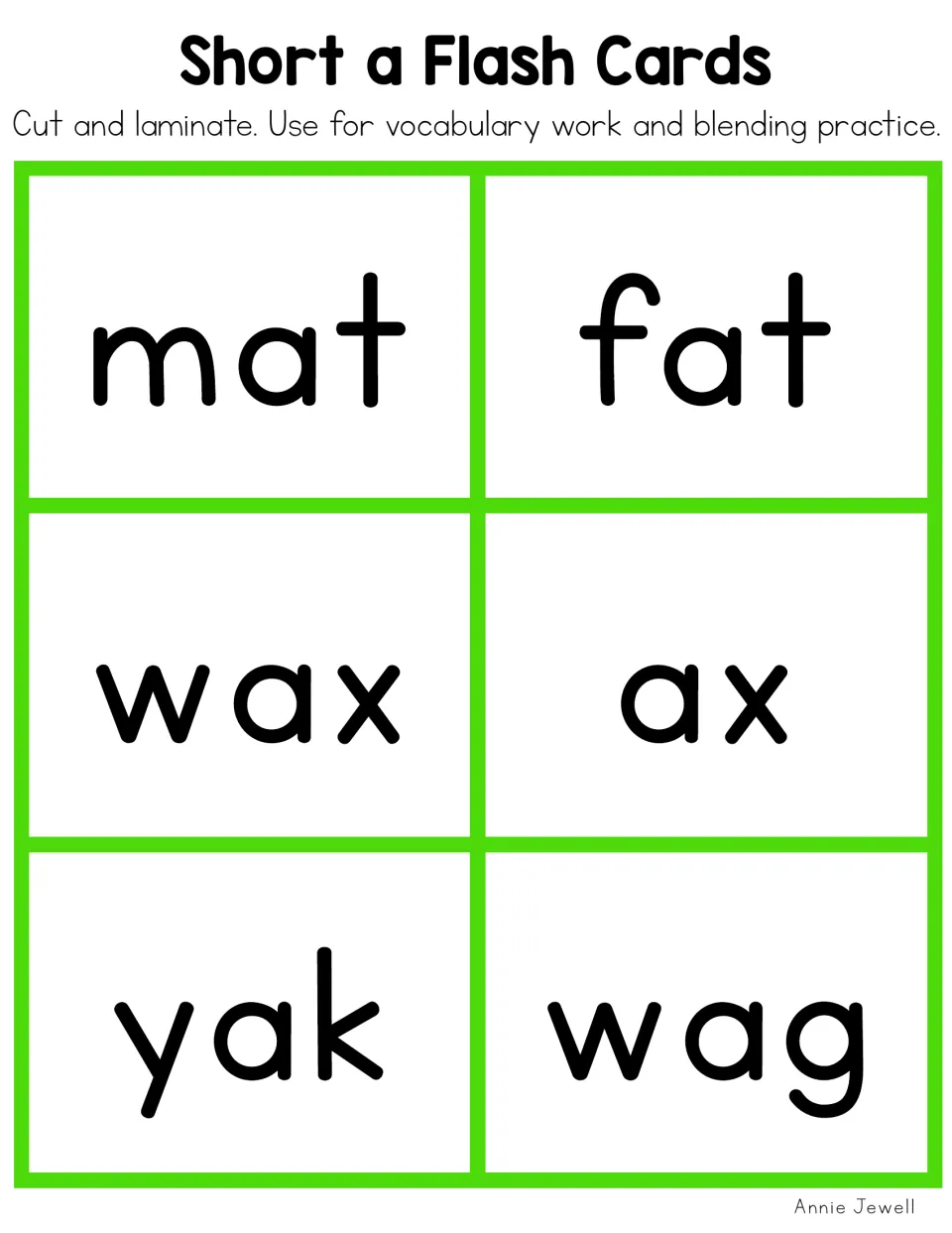 Final short a word cards: mat, fat, wax, ax, yak and wag, for reading and blending three- and two-letter words