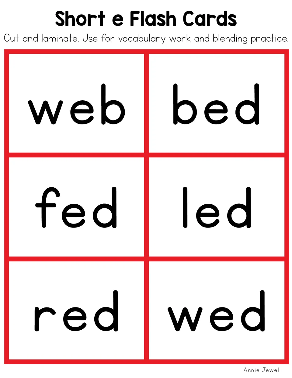 Short e flash cards for blending -eb and -ed words: web, bed, fed, led, red and wed, printed in color to cut and laminate