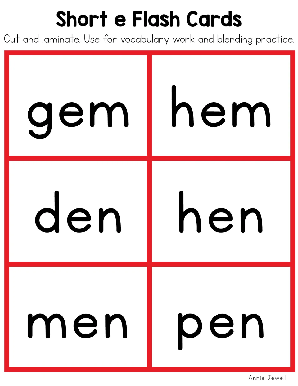 Short e flash cards with -em and -en words gem, hem, den, hen, men and pen for blending sounds, color cards to cut out