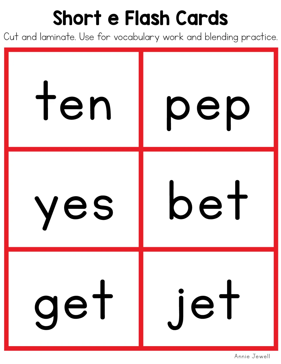 Short e flash cards for blending CVC words ten, pep, yes, bet, get and jet, color set with cut and laminate directions