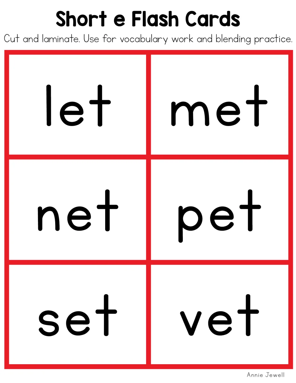 Short e flash cards for the -et word family: let, met, net, pet, set and vet in color for students to blend and read aloud