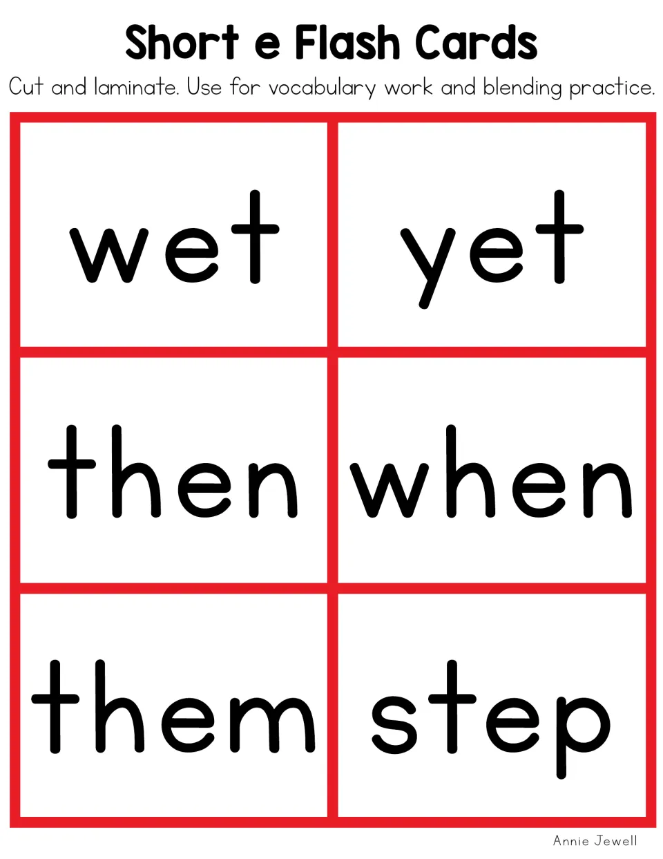 Short e flash cards with wet, yet, then, when, them and step, including th, wh and st blends, color cards to cut out