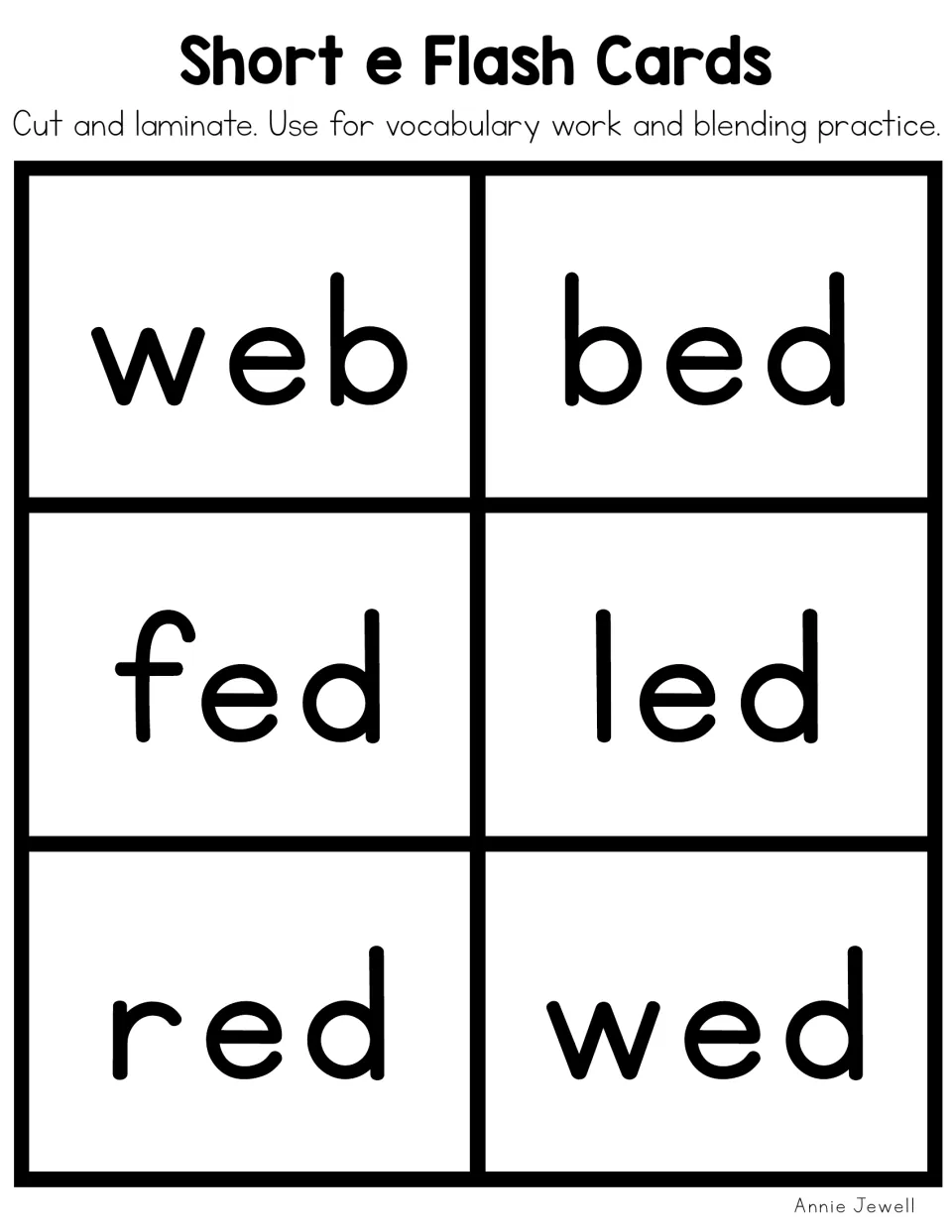 Short e flash cards in blackline for web, bed, fed, led, red and wed, matching the color set for blending and vocabulary