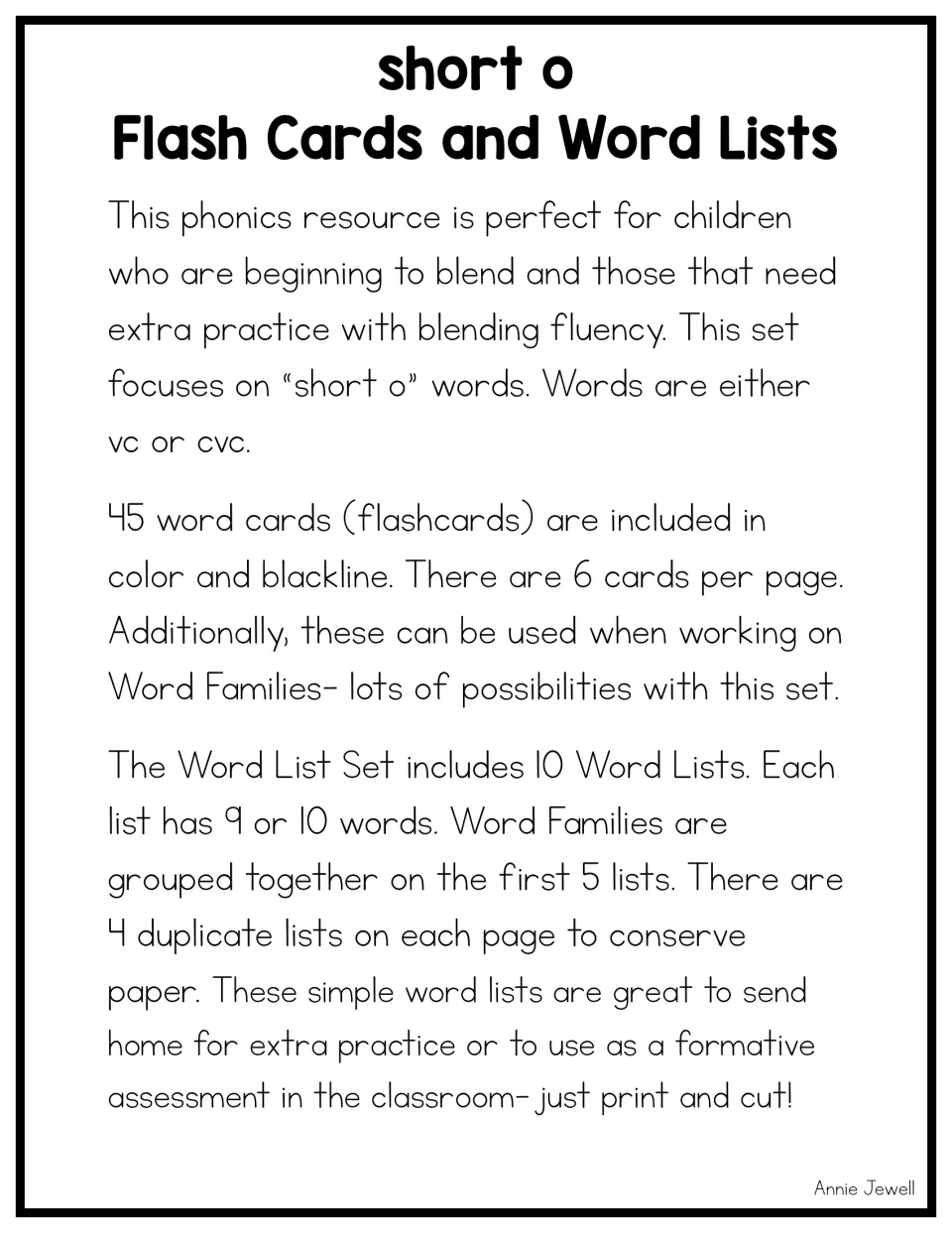 Resource overview explaining 45 short o word cards, 10 word lists, and uses for blending and assessment