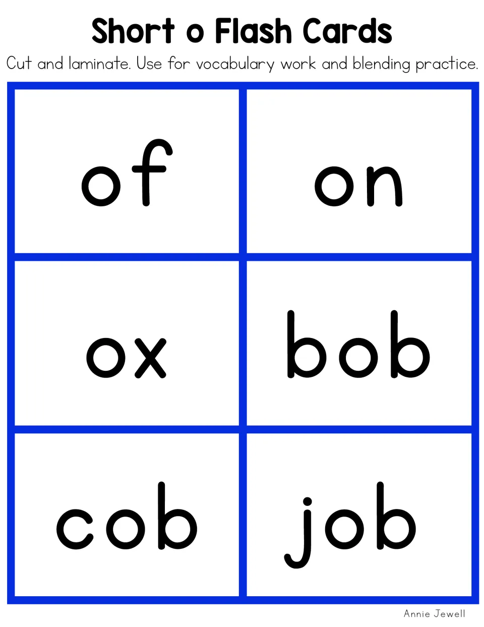 Short o flashcards 1–6: of, on, ox, bob, cob, and job, with directions to cut and laminate for blending practice