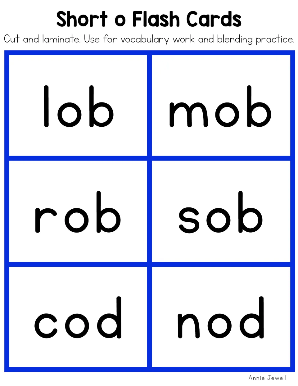 Short o flashcards 7–12: lob, mob, rob, sob, cod, and nod, for vocabulary work and blending practice
