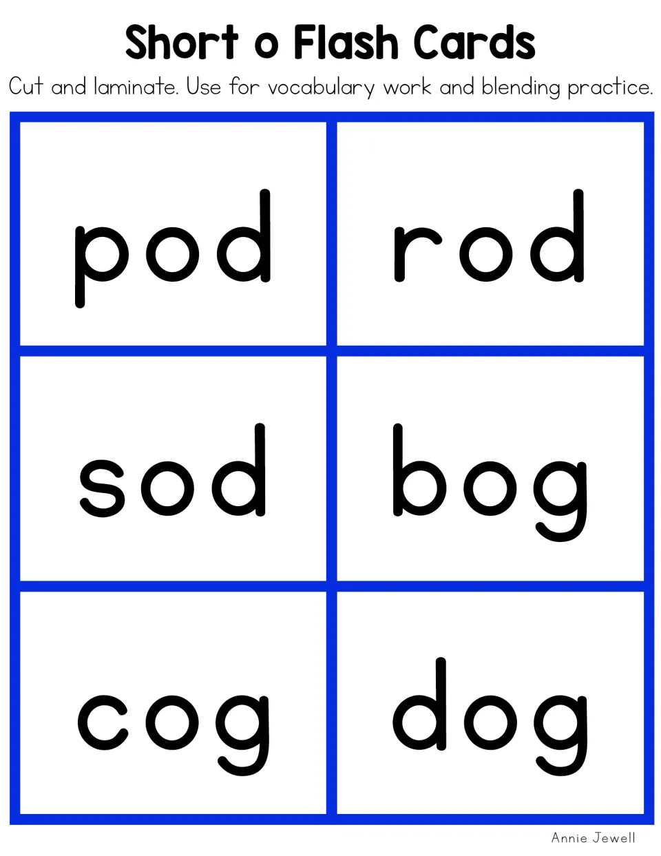 Short o flashcards 13–18: pod, rod, sod, bog, cog, and dog, for vocabulary work and blending practice