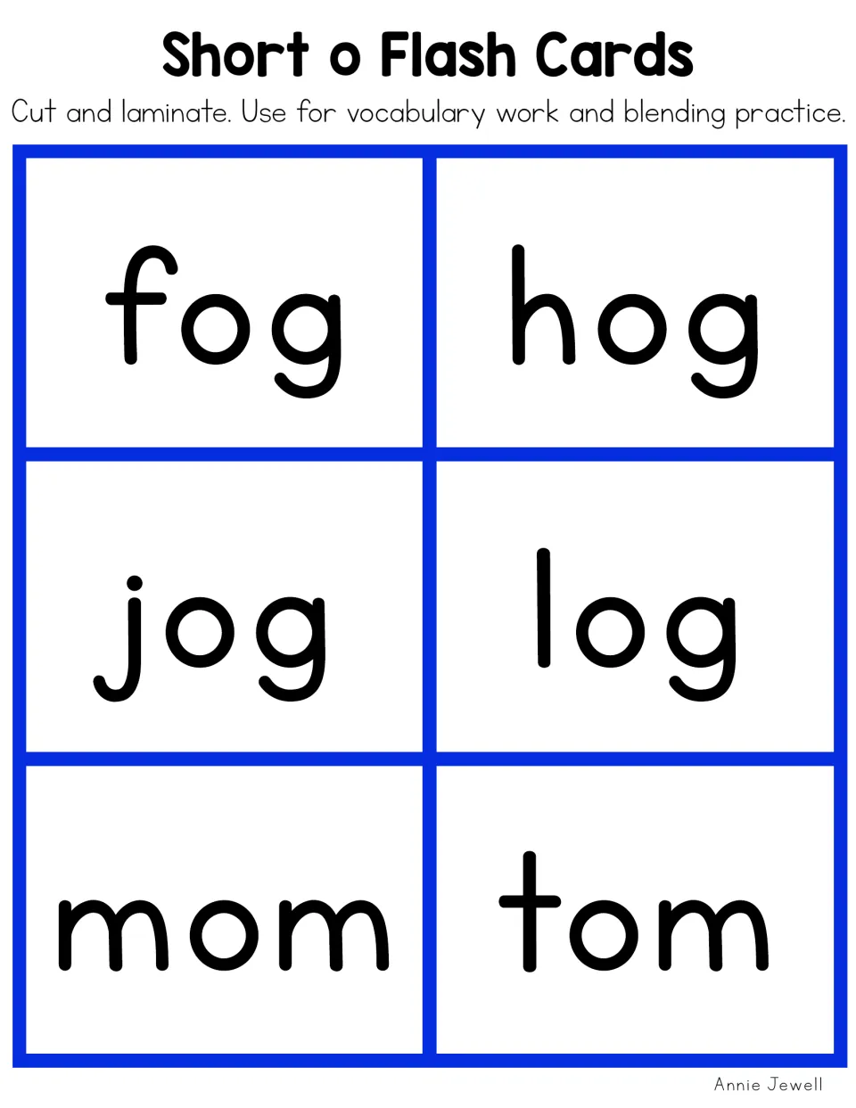 Short o flashcards 19–24: fog, hog, jog, log, mom, and tom, for vocabulary work and blending practice