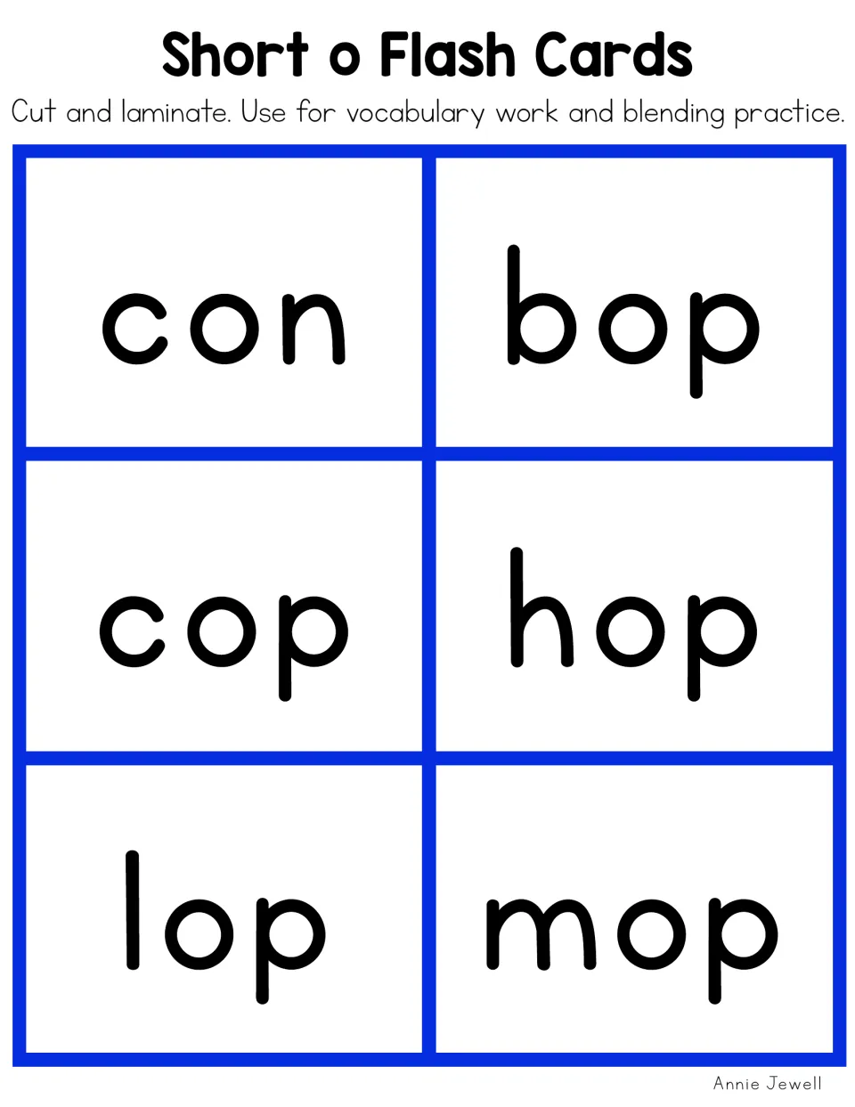 Short o flashcards 25–30: con, bop, cop, hop, lop, and mop, for vocabulary work and blending practice