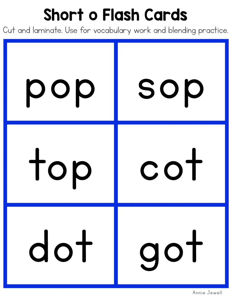 Short o flashcards 31–36: pop, sop, top, cot, dot, and got, for vocabulary work and blending practice