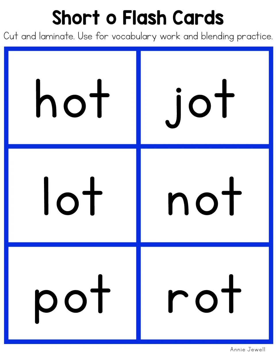 Short o flashcards 37–42: hot, jot, lot, not, pot, and rot, for vocabulary work and blending practice