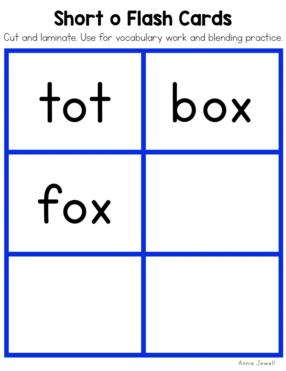 Short o flashcards 43–45: tot, box, and fox, the final three word cards in the color set for blending practice