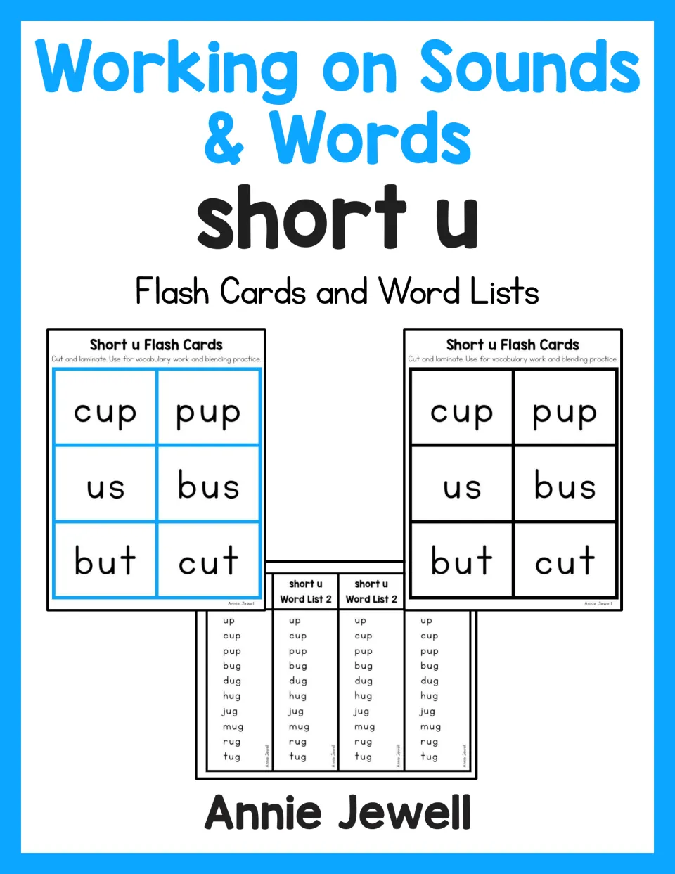 Working on Sounds & Words short u cover showing sample color and blackline word cards and short u Word List 2 strips