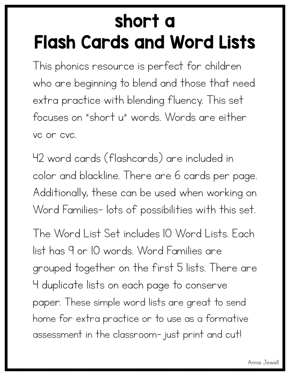Set overview: 42 vc and cvc short u word cards in color and blackline, plus 10 word lists of 9 or 10 words, 4 copies a page