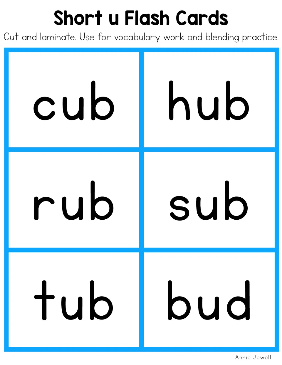 Short u flash cards in color for blending practice: -ub words cub, hub, rub, sub and tub plus bud, to cut and laminate