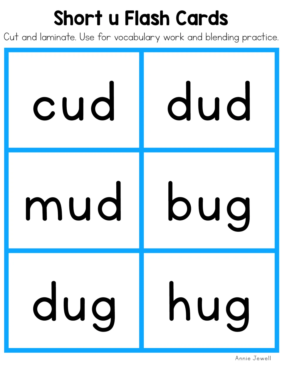 Short u flash cards for blending CVC words: cud, dud and mud from the -ud family with bug, dug and hug from the -ug family