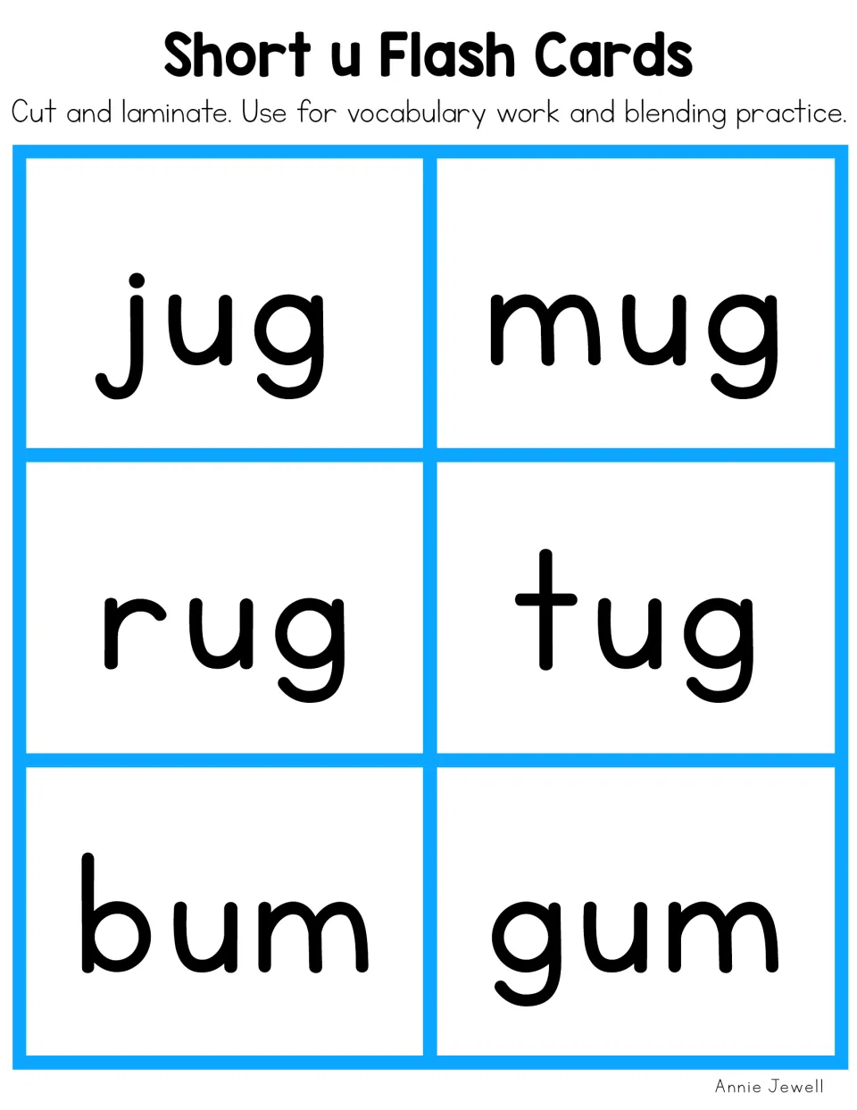 Short u flash cards for reading CVC words: jug, mug, rug and tug from the -ug family alongside the -um words bum and gum
