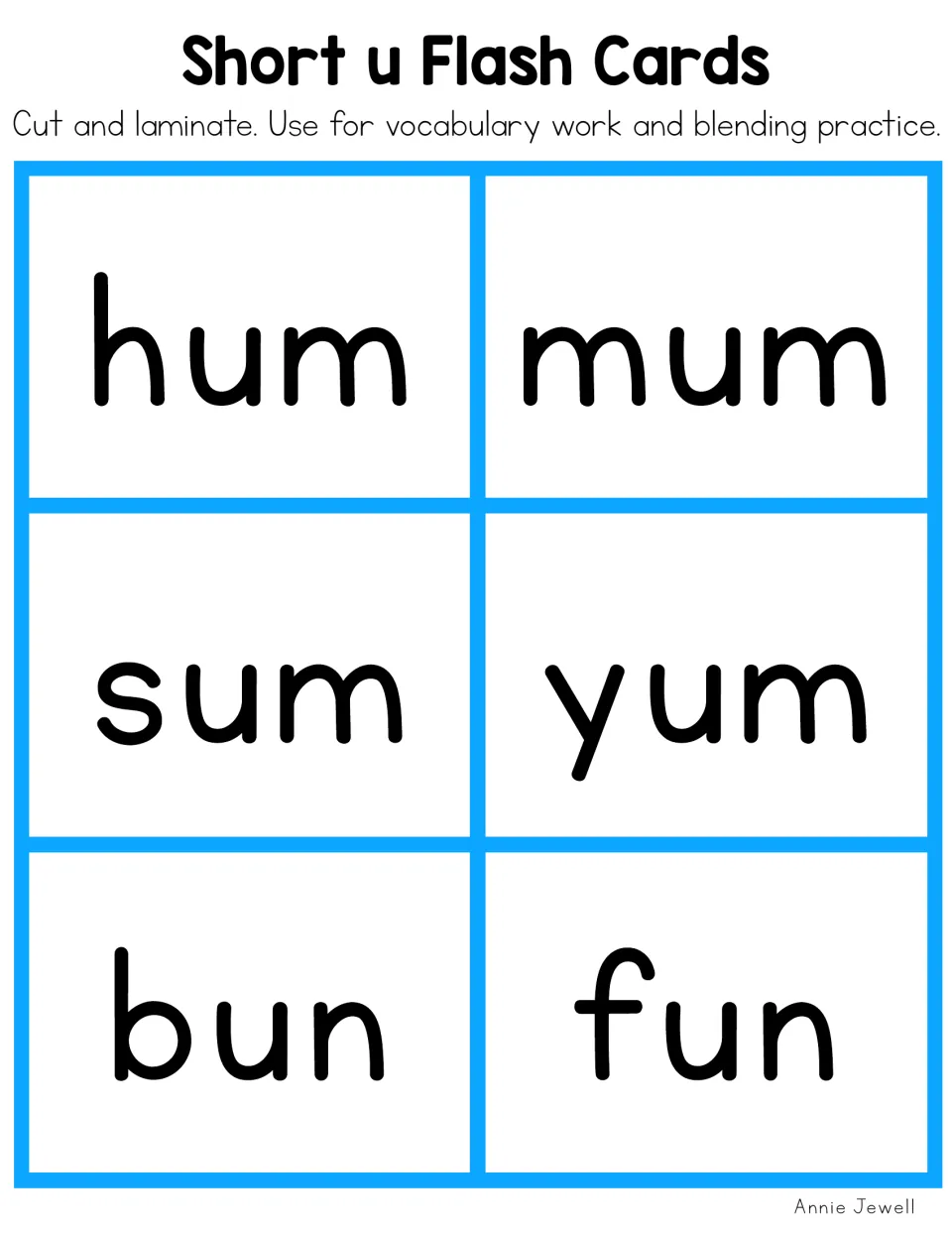 Short u flash cards for blending sounds: hum, mum, sum and yum from the -um family plus the -un words bun and fun