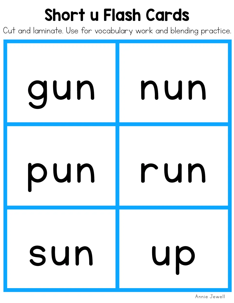 Short u flash cards for decoding practice: the -un words gun, nun, pun, run and sun plus the two-letter vc word up