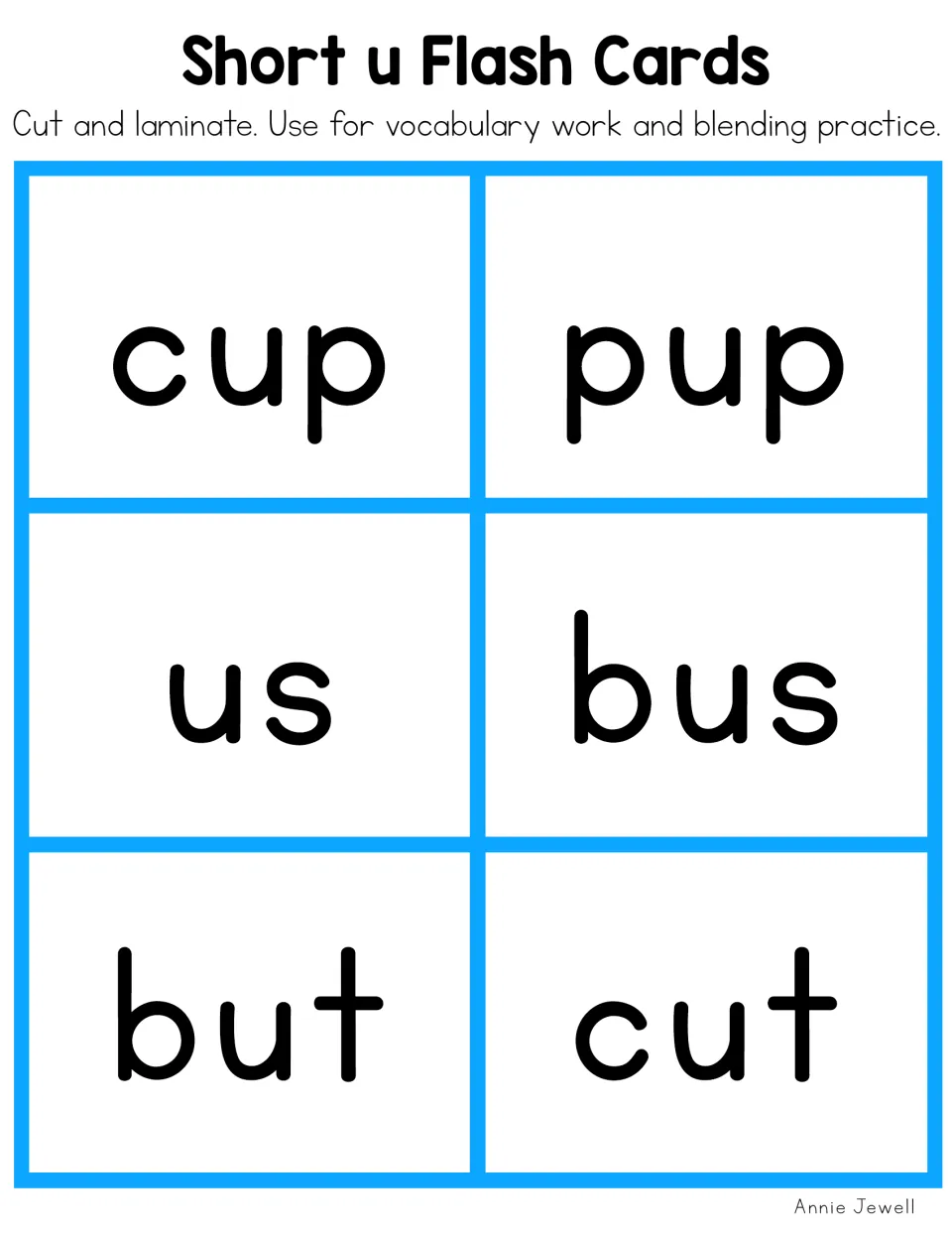 Short u flash cards for word reading: cup and pup, us and bus, and but and cut, mixing vc and cvc words in rhyming pairs