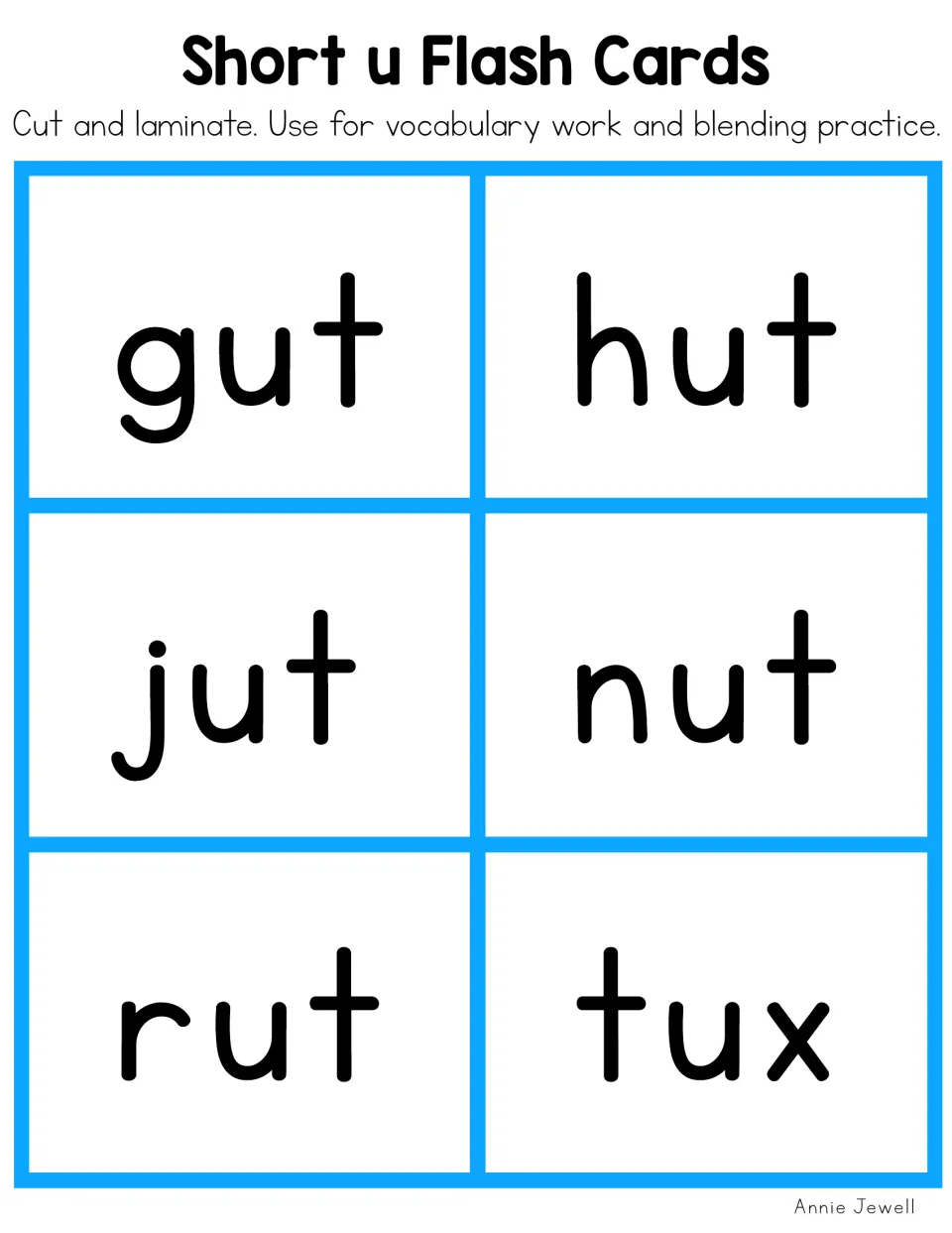 Short u flash cards for blending fluency: the -ut family words gut, hut, jut, nut and rut, plus the word tux