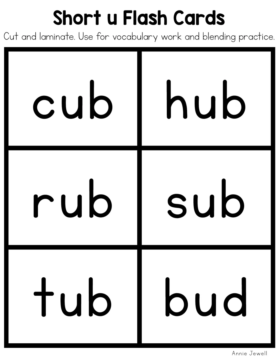 Blackline short u flash cards to cut and laminate: cub, hub, rub, sub, tub and bud repeated without the blue color