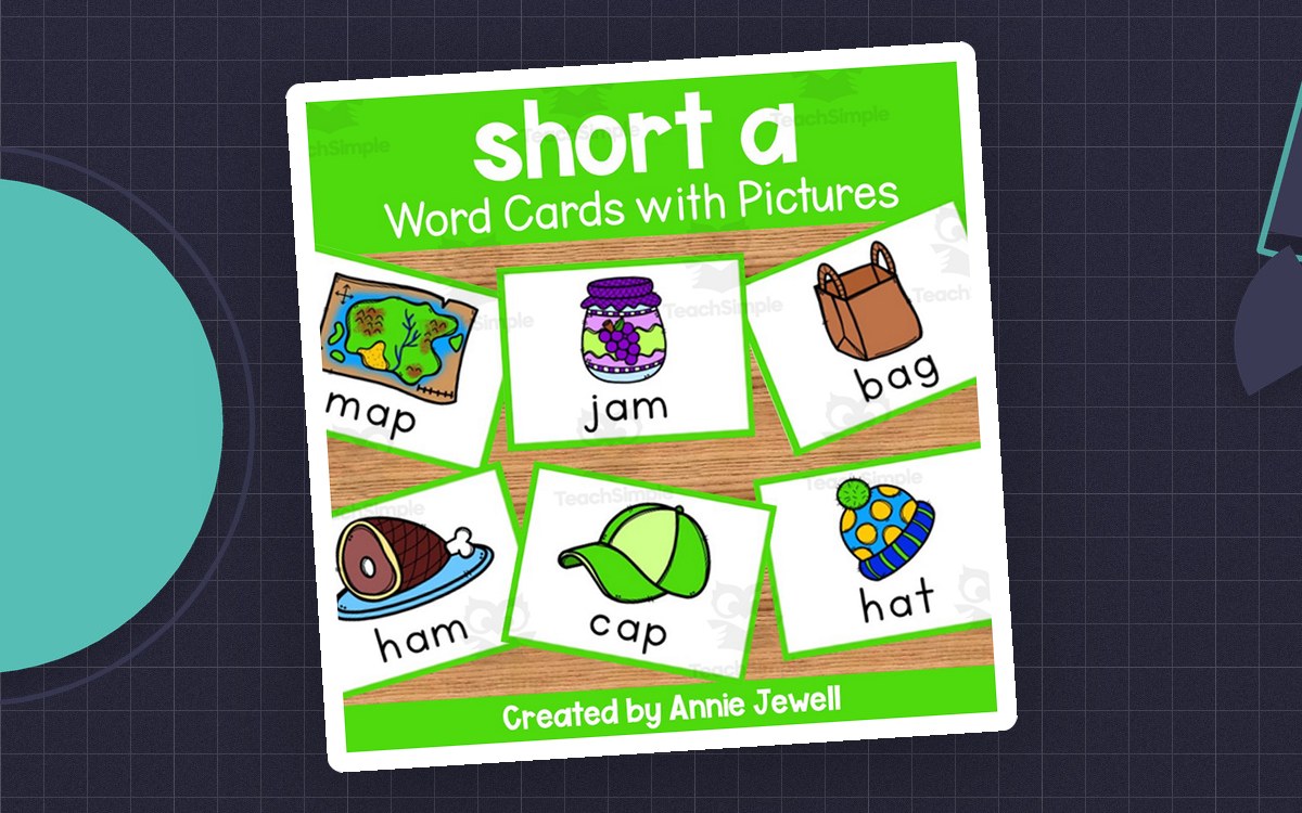 Green short-a cover with picture-word cards for map, jam, bag, ham, cap, and hat.