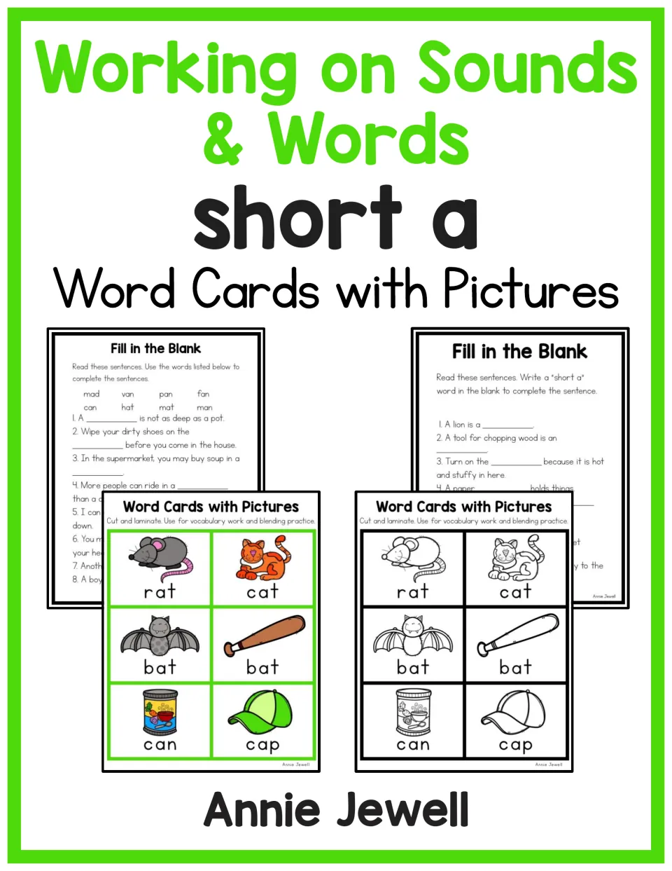 Short a word cards cover: color and blackline picture cards for rat, cat and bat plus fill-in-the-blank sentence sheets