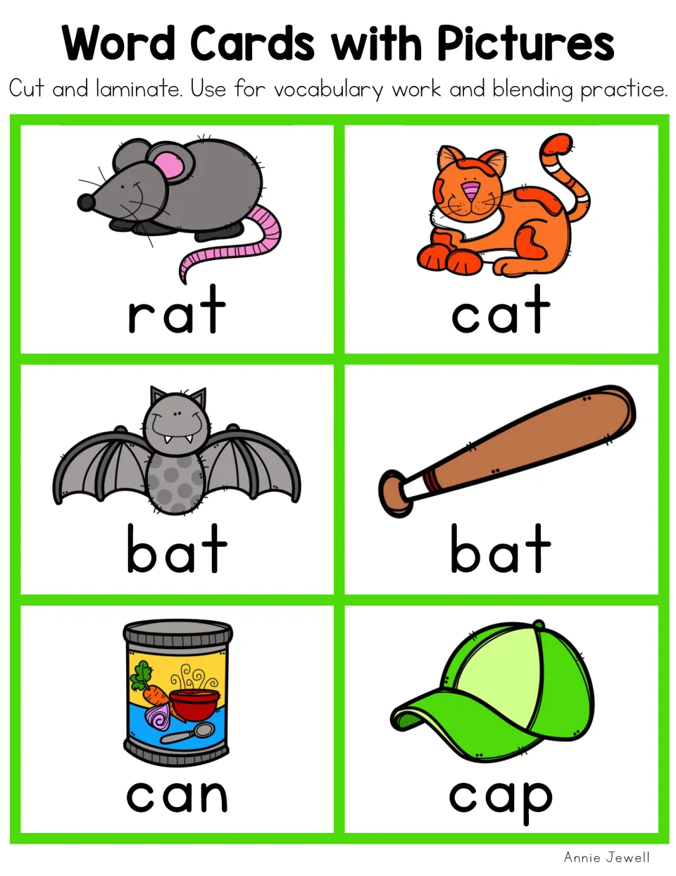 Short a picture cards in color for blending CVC words: rat, cat, bat (animal), bat (baseball), can and cap
